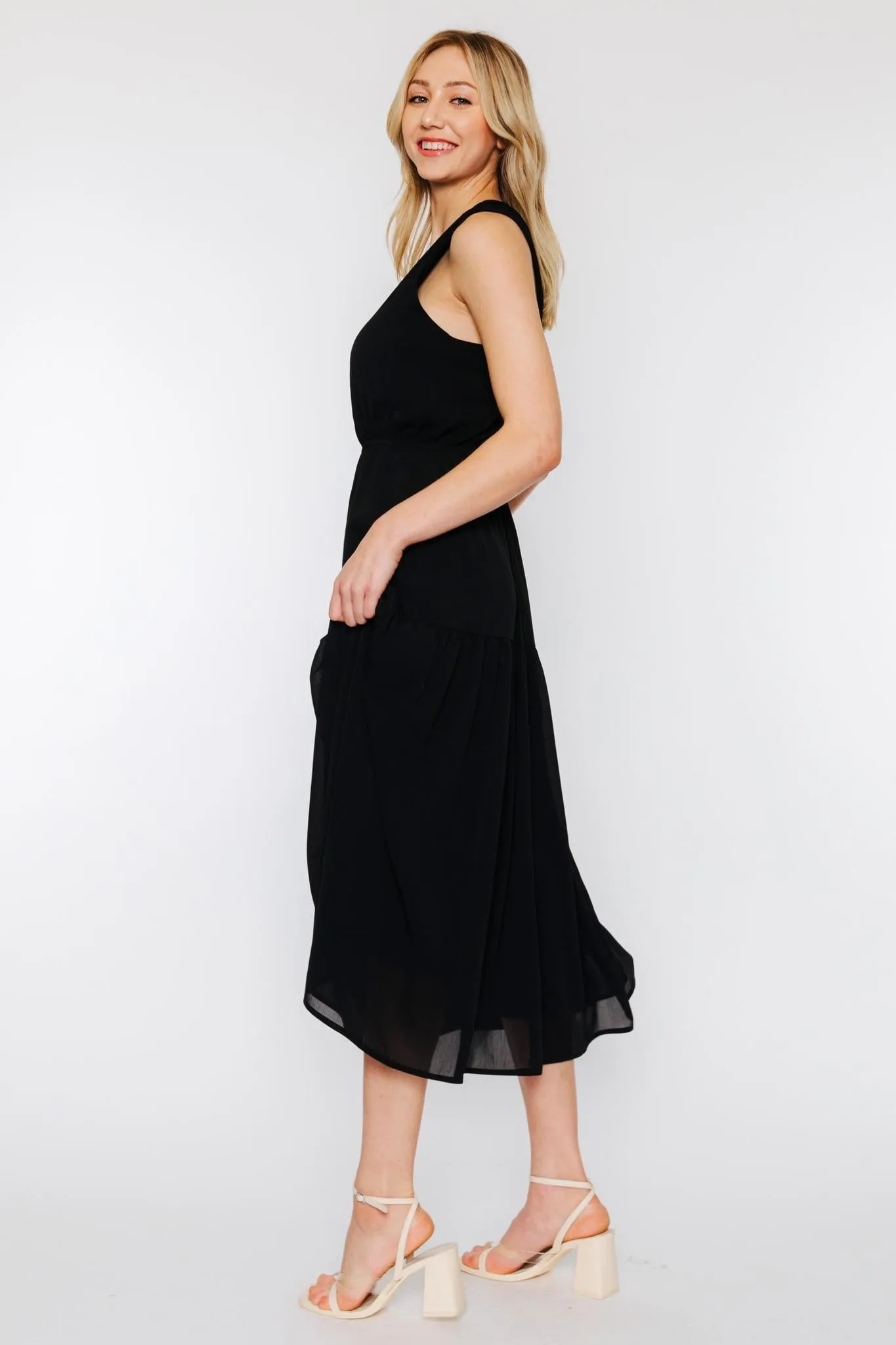 Elodie Pleated Tiered Cross Back Maxi Dress