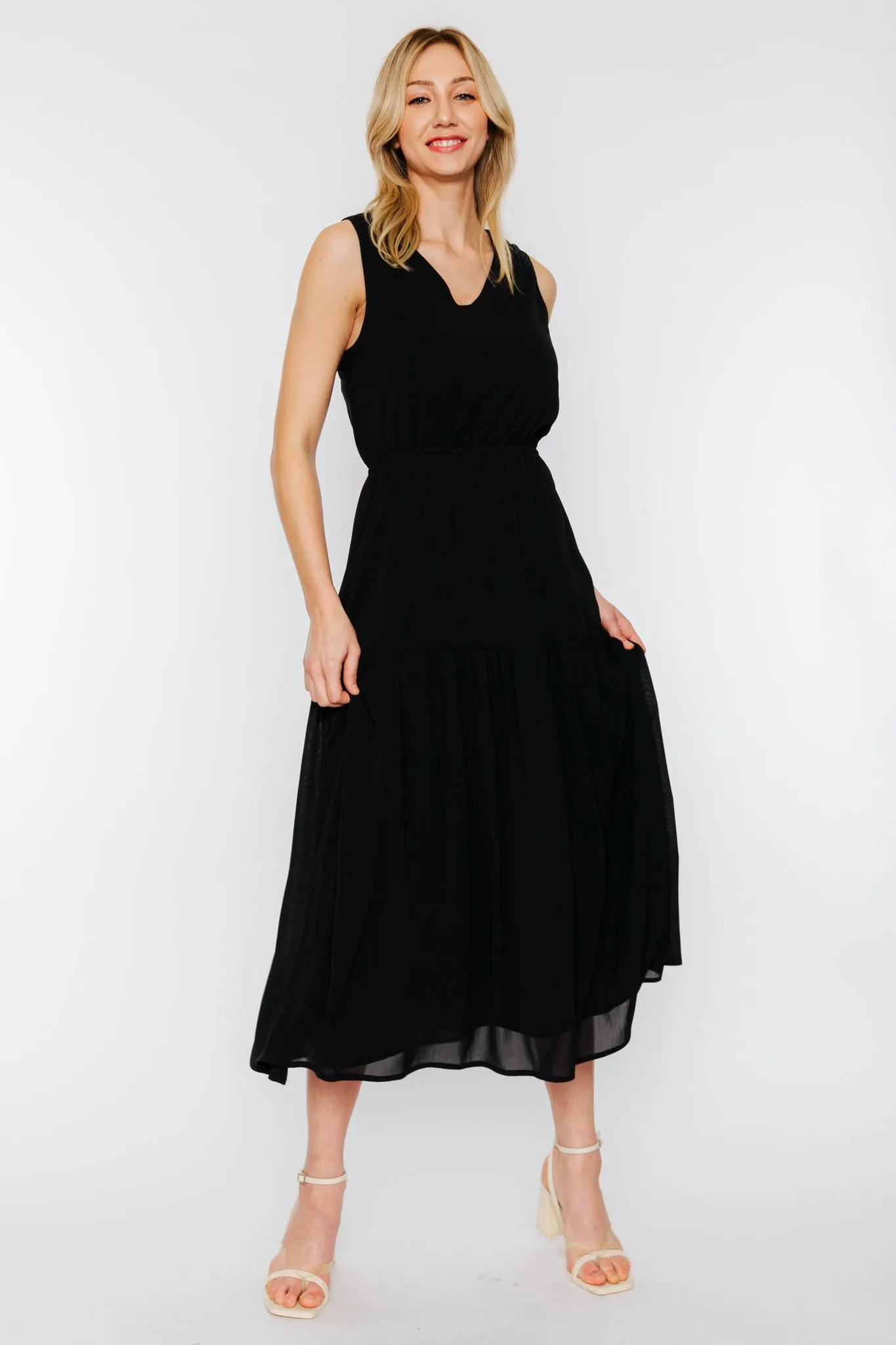 Elodie Pleated Tiered Cross Back Maxi Dress