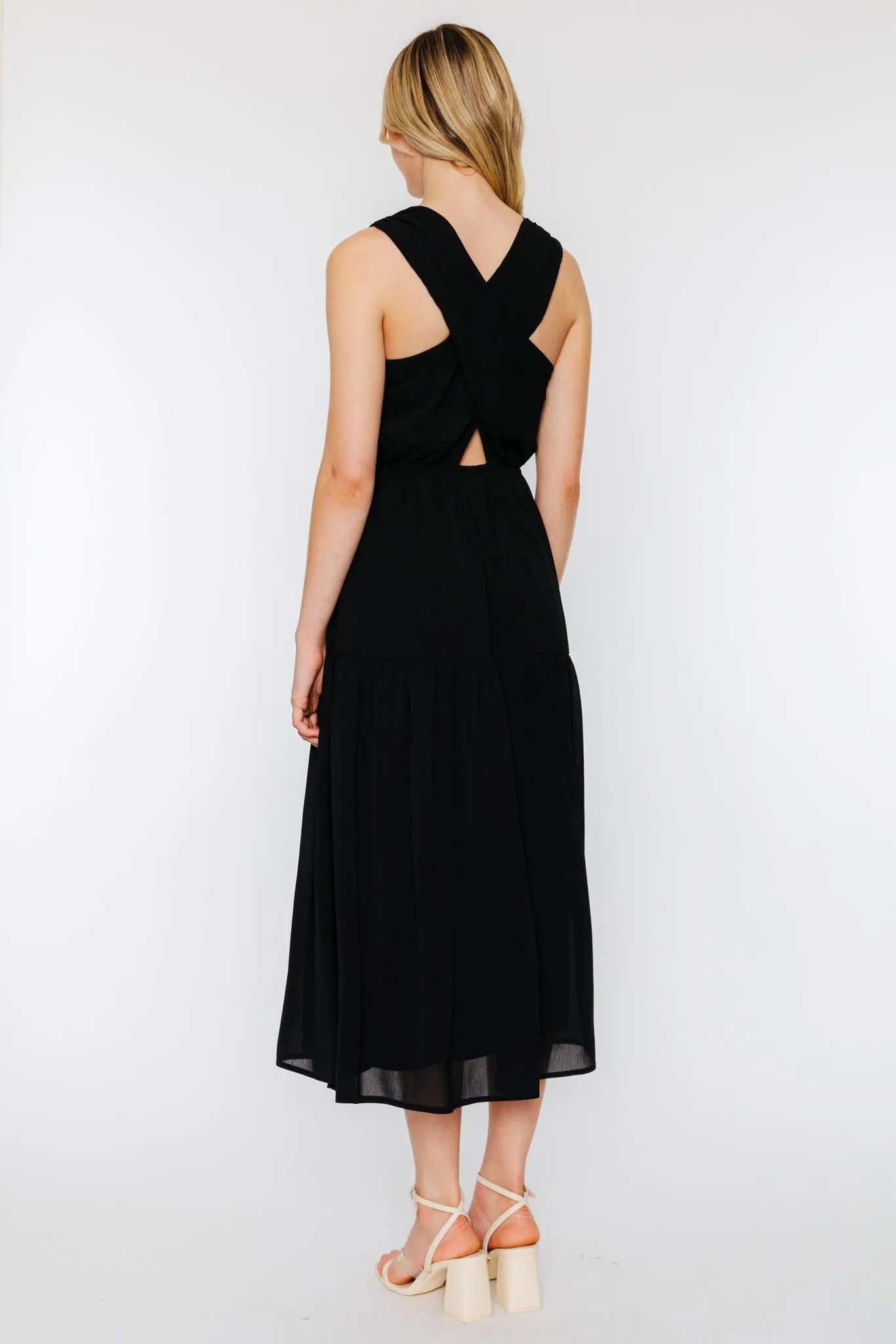 Elodie Pleated Tiered Cross Back Maxi Dress