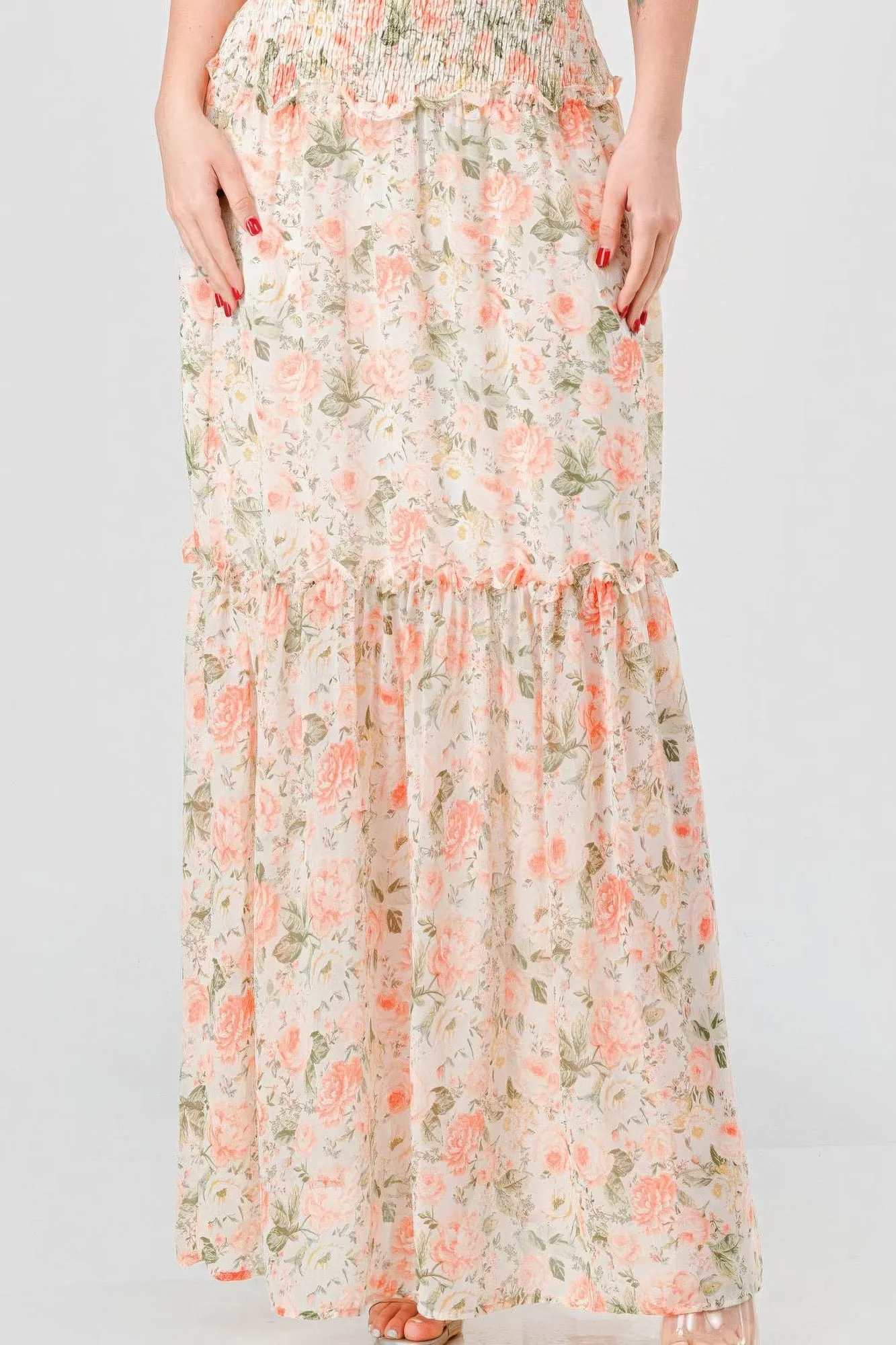 Floral Chiffon Off Shoulder Smocked Back Ruffled Tiered Maxi Dress