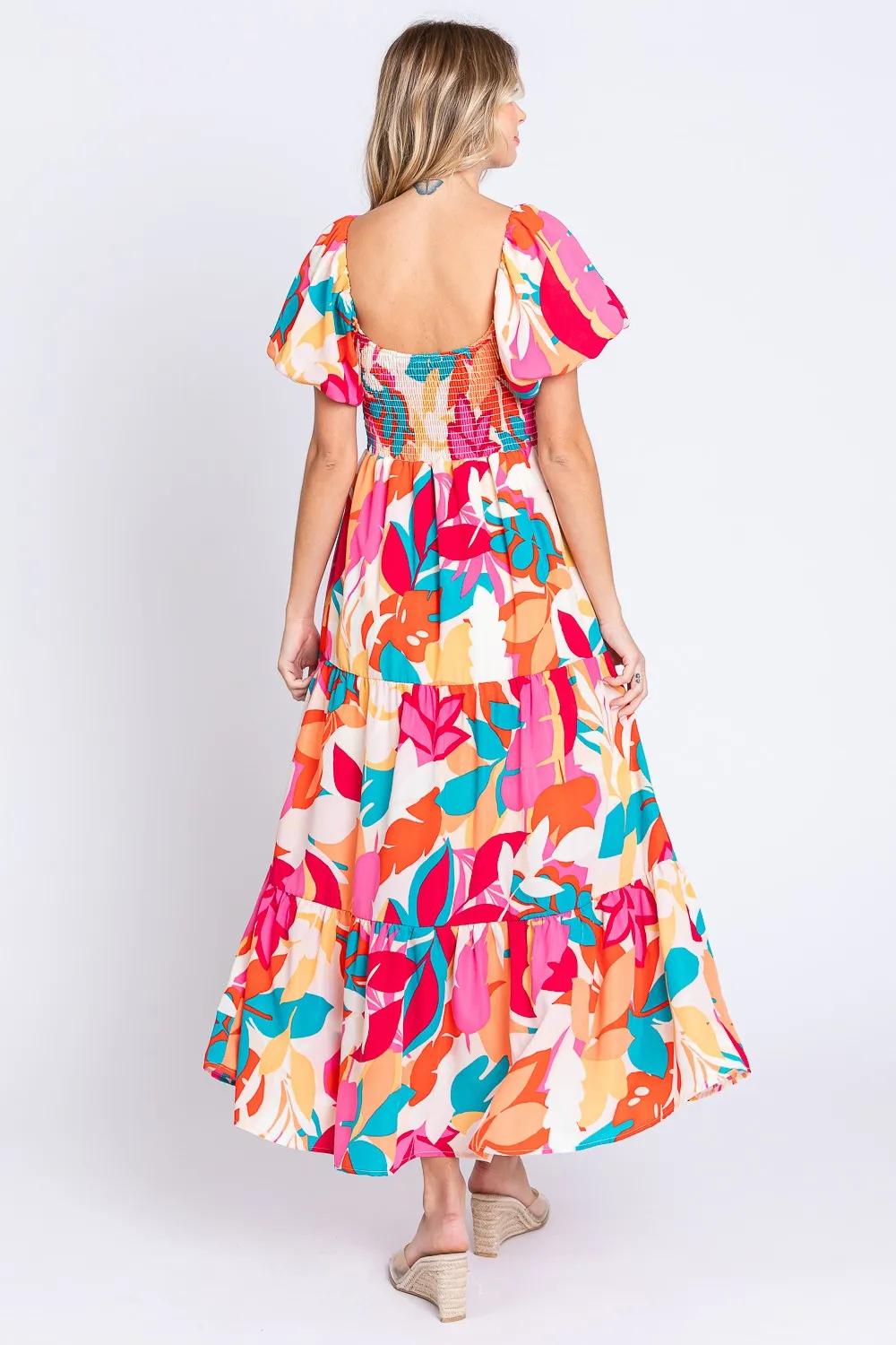 Full Size Printed Smocked Back Tiered Maxi Dress