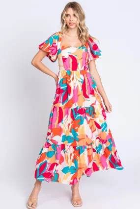 Full Size Printed Smocked Back Tiered Maxi Dress