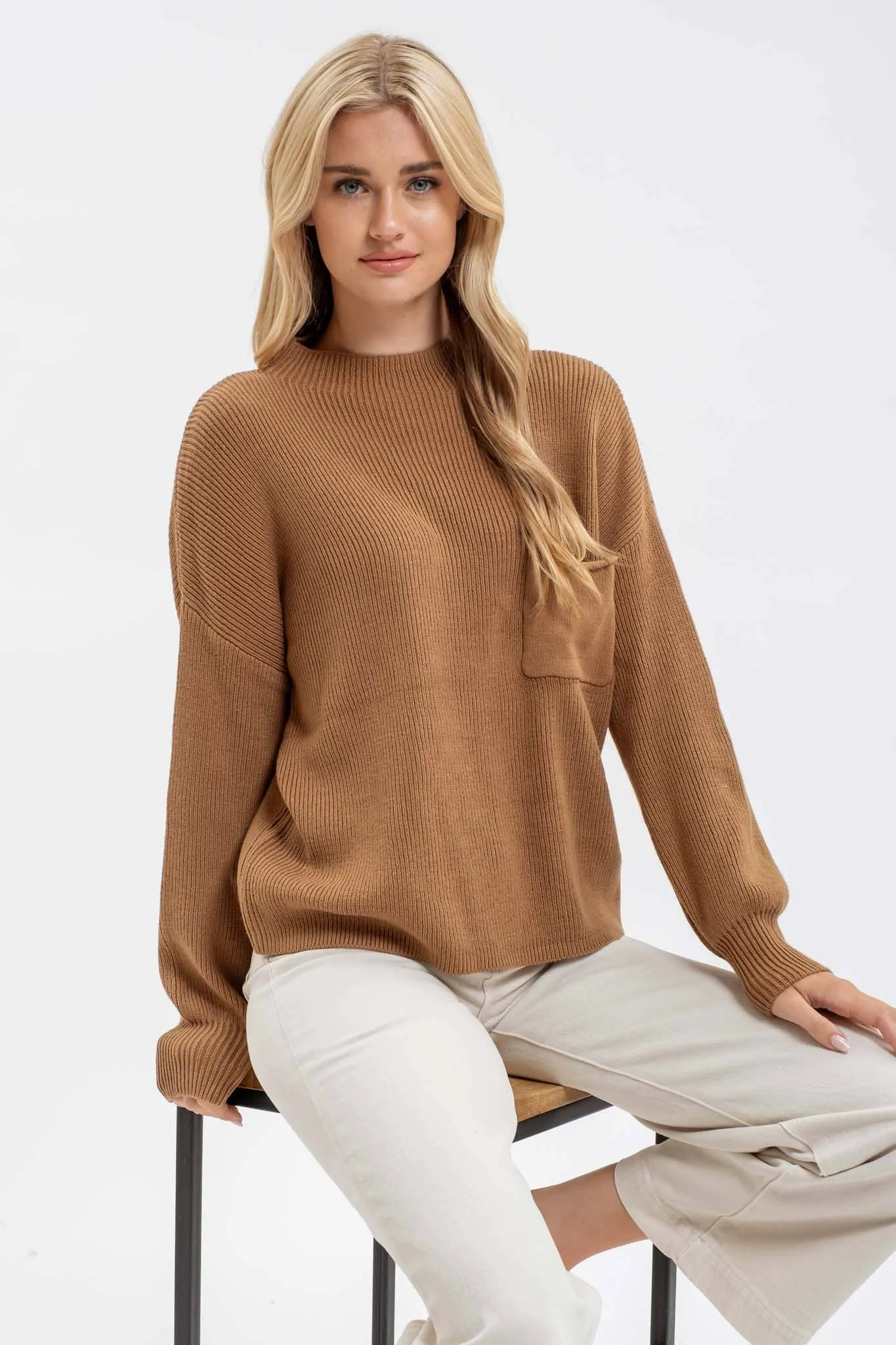 FUNNEL NECK LONG SLEEVE RIBBED PULLOVER SWEATER