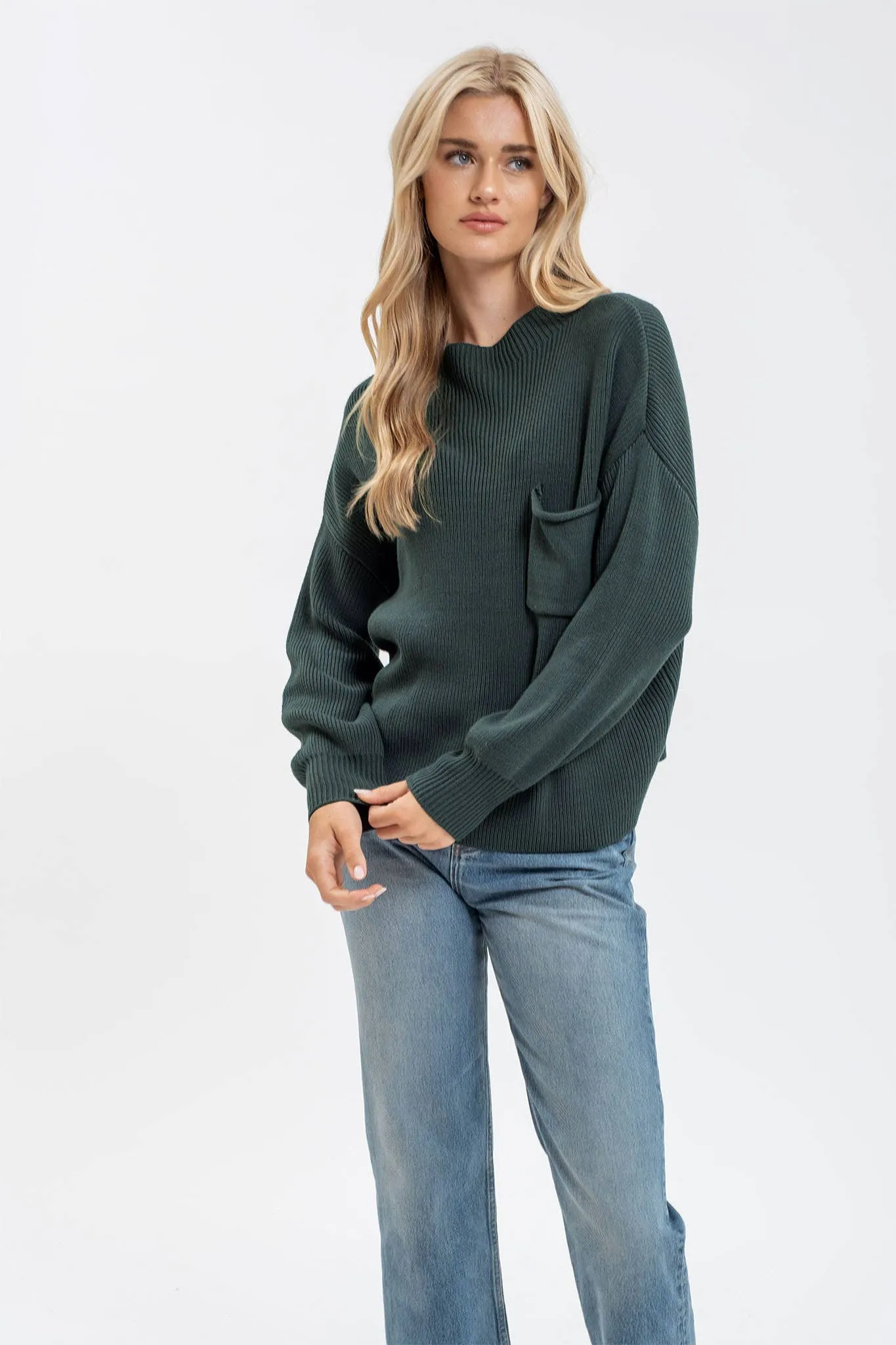 FUNNEL NECK LONG SLEEVE RIBBED PULLOVER SWEATER