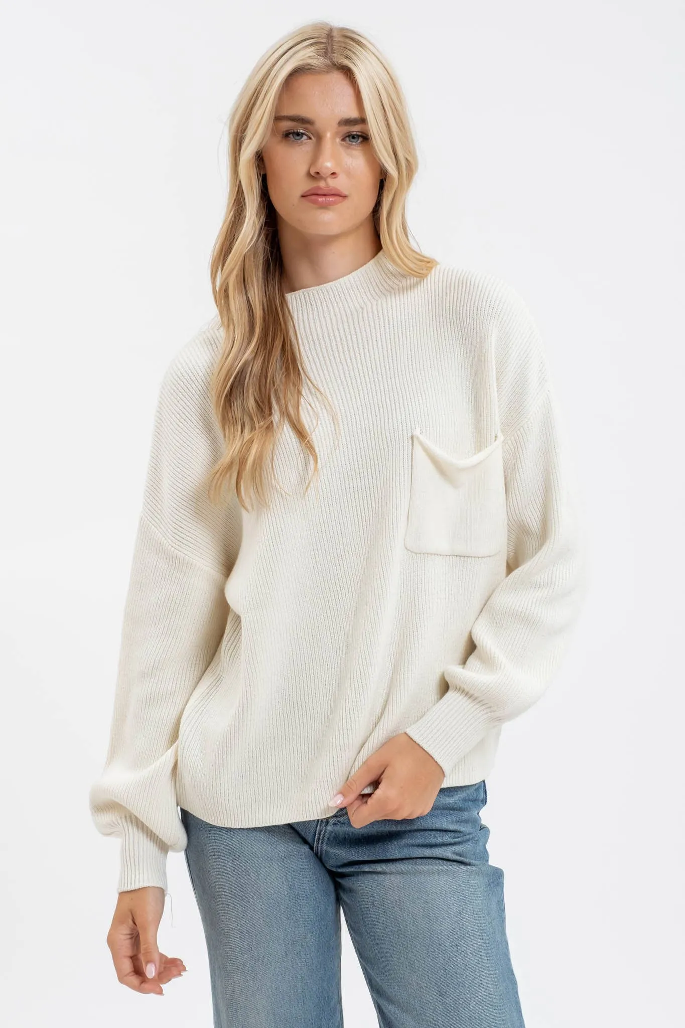 FUNNEL NECK LONG SLEEVE RIBBED PULLOVER SWEATER