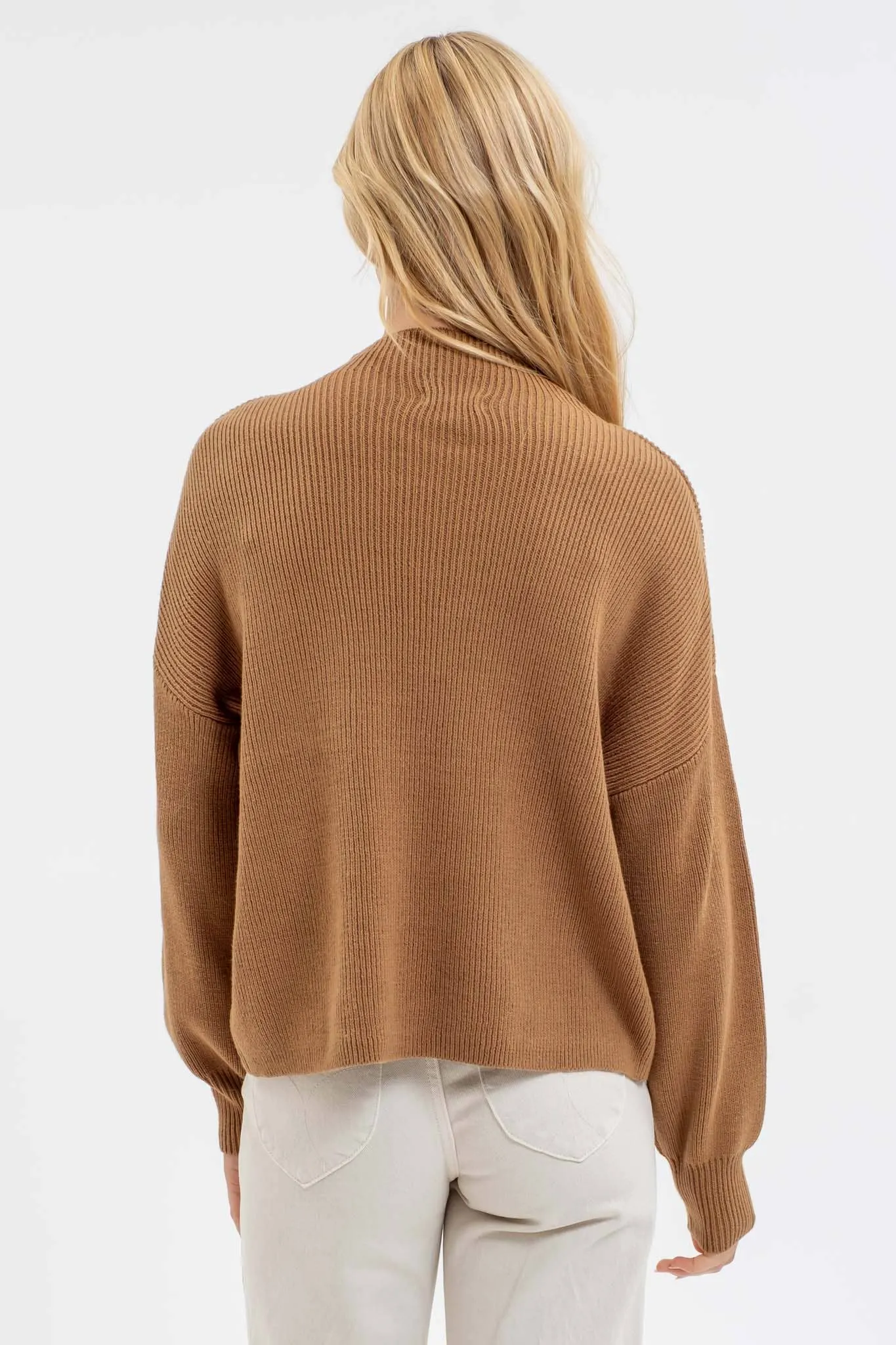 FUNNEL NECK LONG SLEEVE RIBBED PULLOVER SWEATER