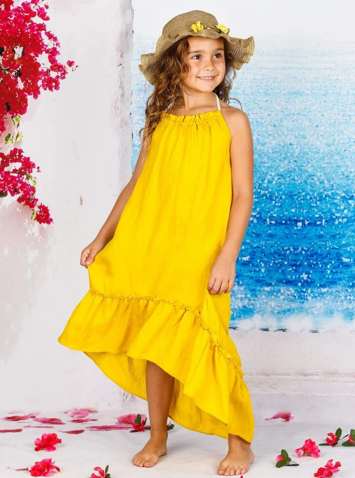 Girls Sleeveless Halter Strap Hi-Low Ruffle Maxi Dress