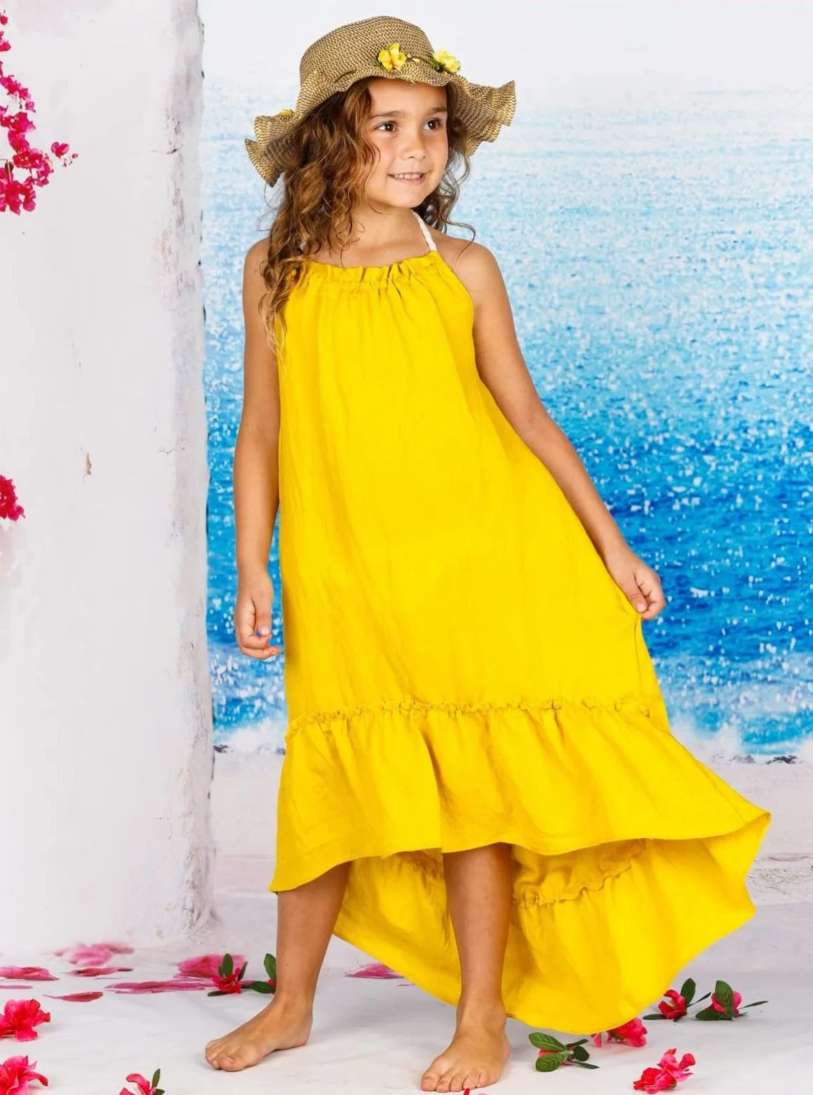 Girls Sleeveless Halter Strap Hi-Low Ruffle Maxi Dress