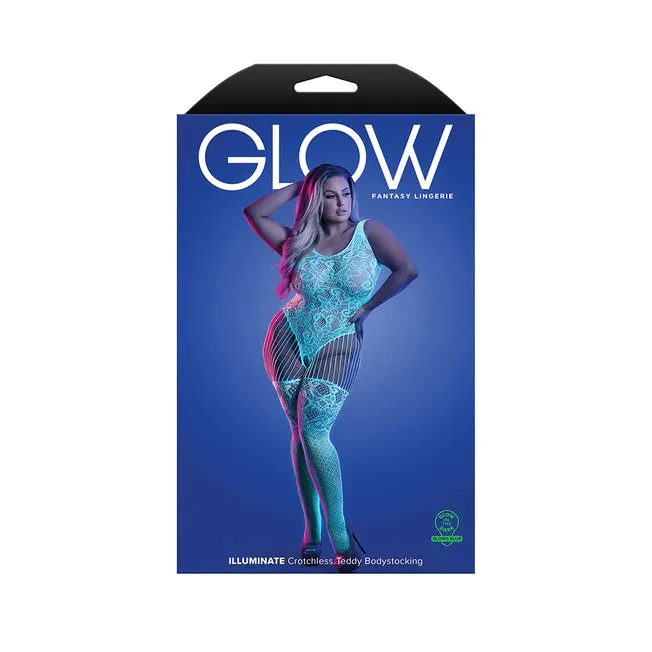 Glow Illuminate Glow In The Dark Crotchless Teddy Bodystocking - Queen Size