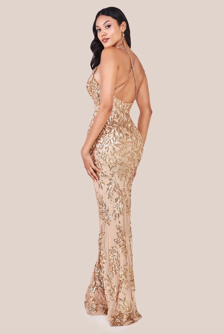 Goddiva Cross Back Diamante Strap Sequin Maxi - Gold