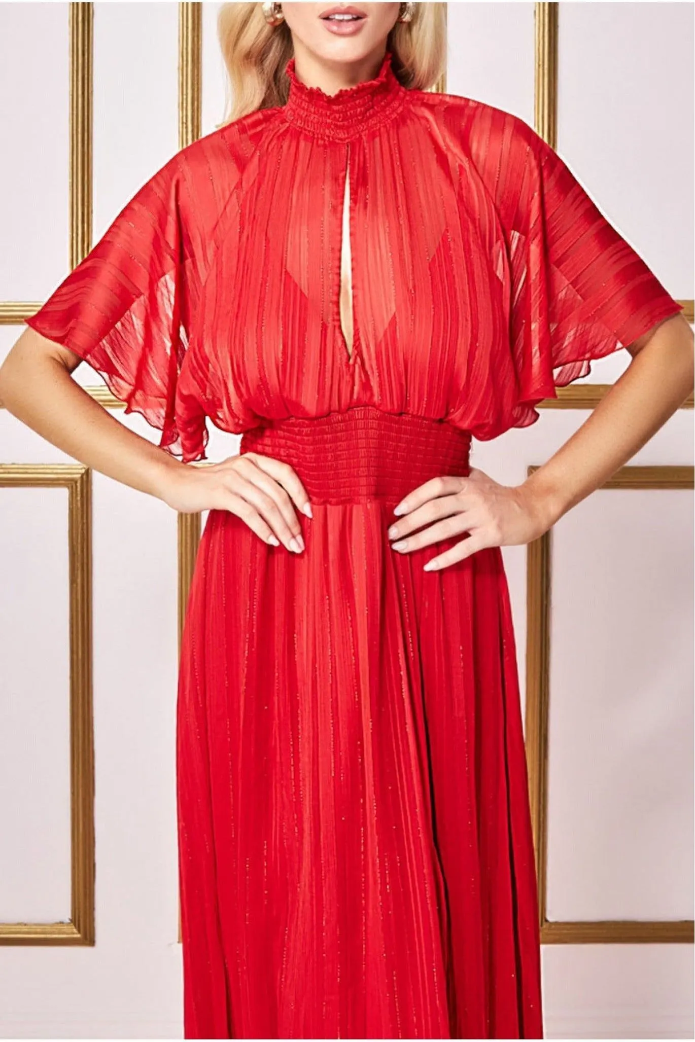 Goddiva Keyhole High Neck Flutter Sleeve Maxi - Red