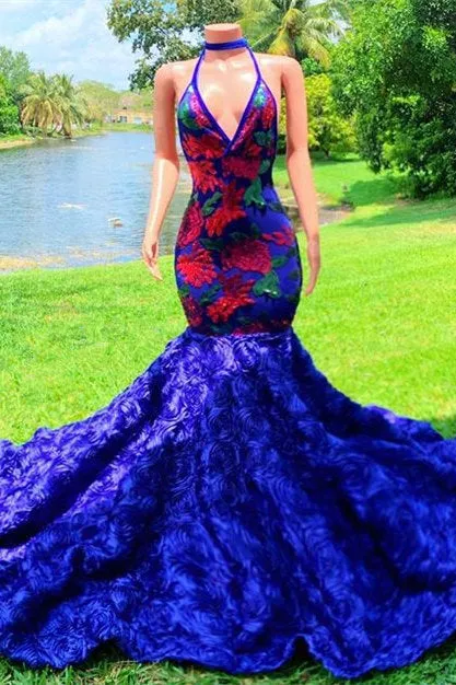 Gorgeous Blue Appliques Halter V-neck Sleeveless Floor-length Mermaid Prom Dresses