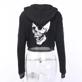 Gothic women motorist hoodie skull print gauze crop top streetwear sweatshirt