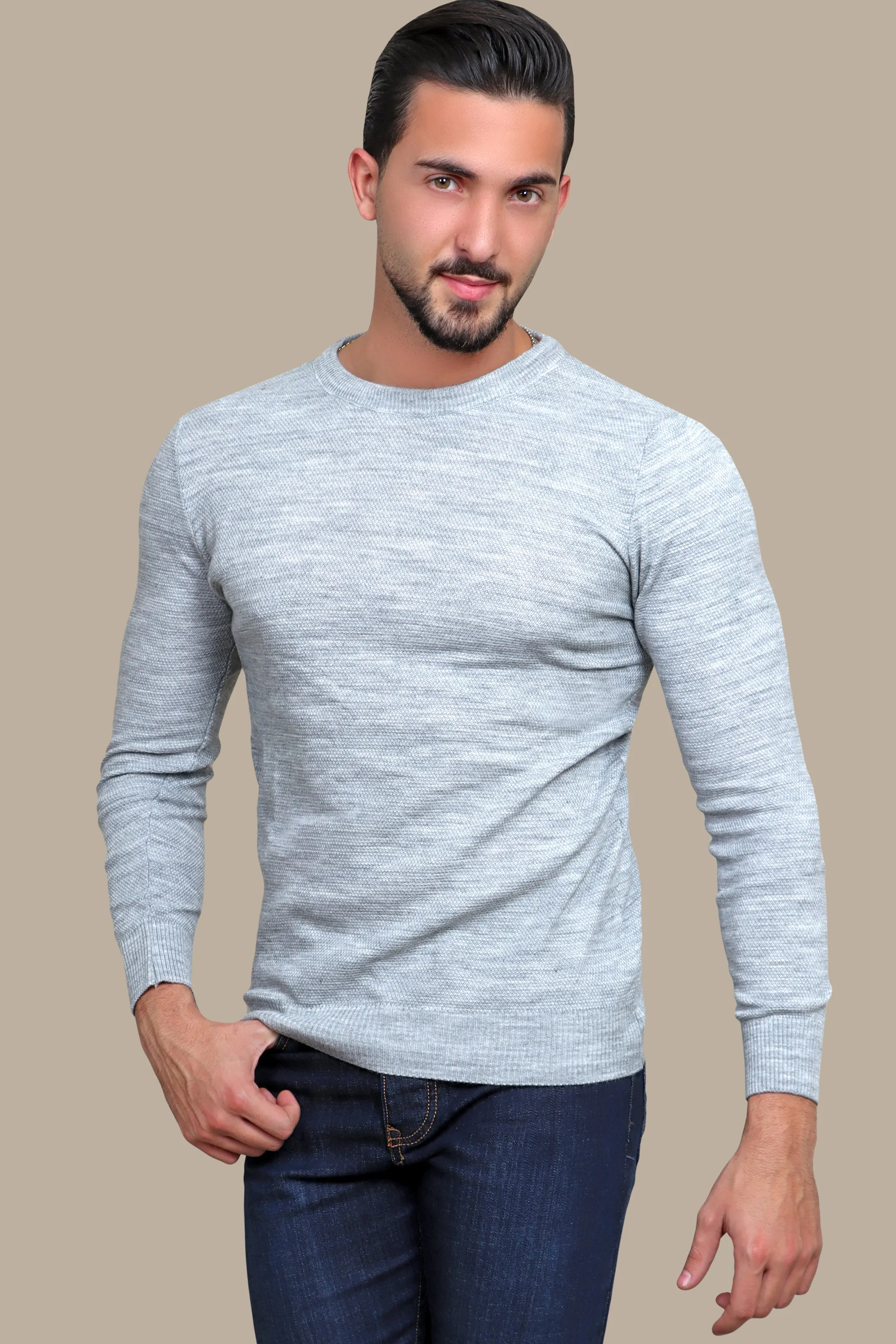 Grey Structured Round Neck Sweater