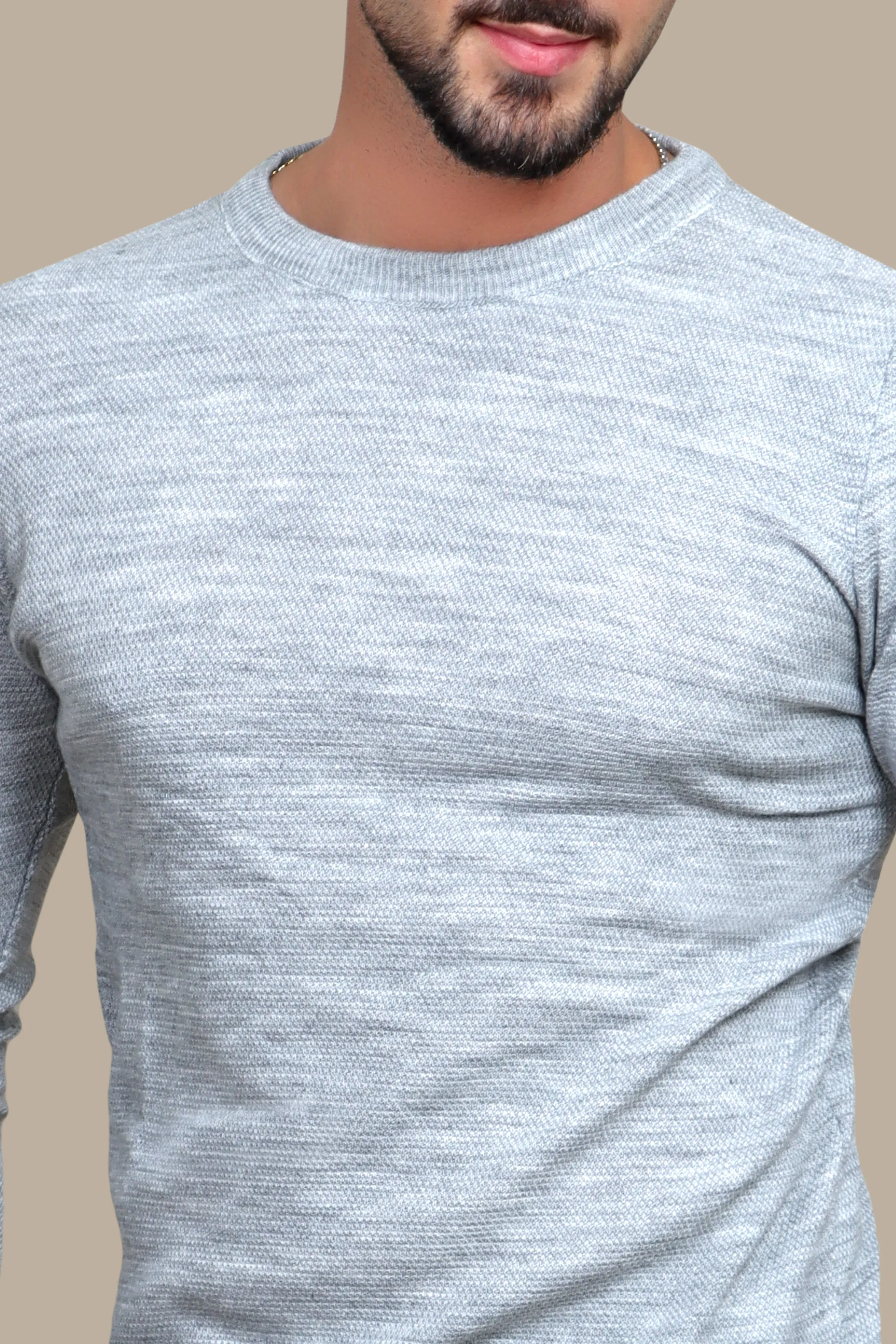 Grey Structured Round Neck Sweater