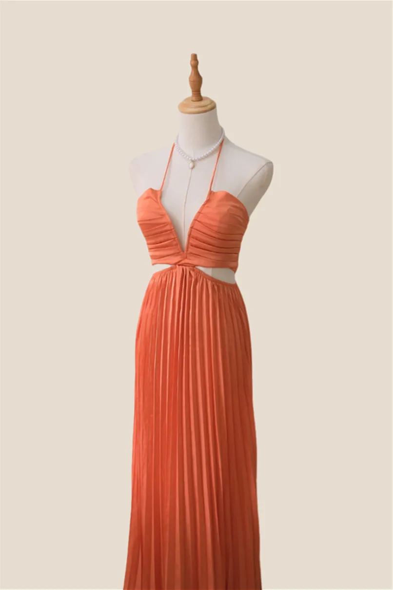 Halter Orange Cutout Pleated Chiffon Long Dress