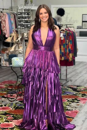 Halter Purple Metallic Pleated Ruffle Long Formal Dress