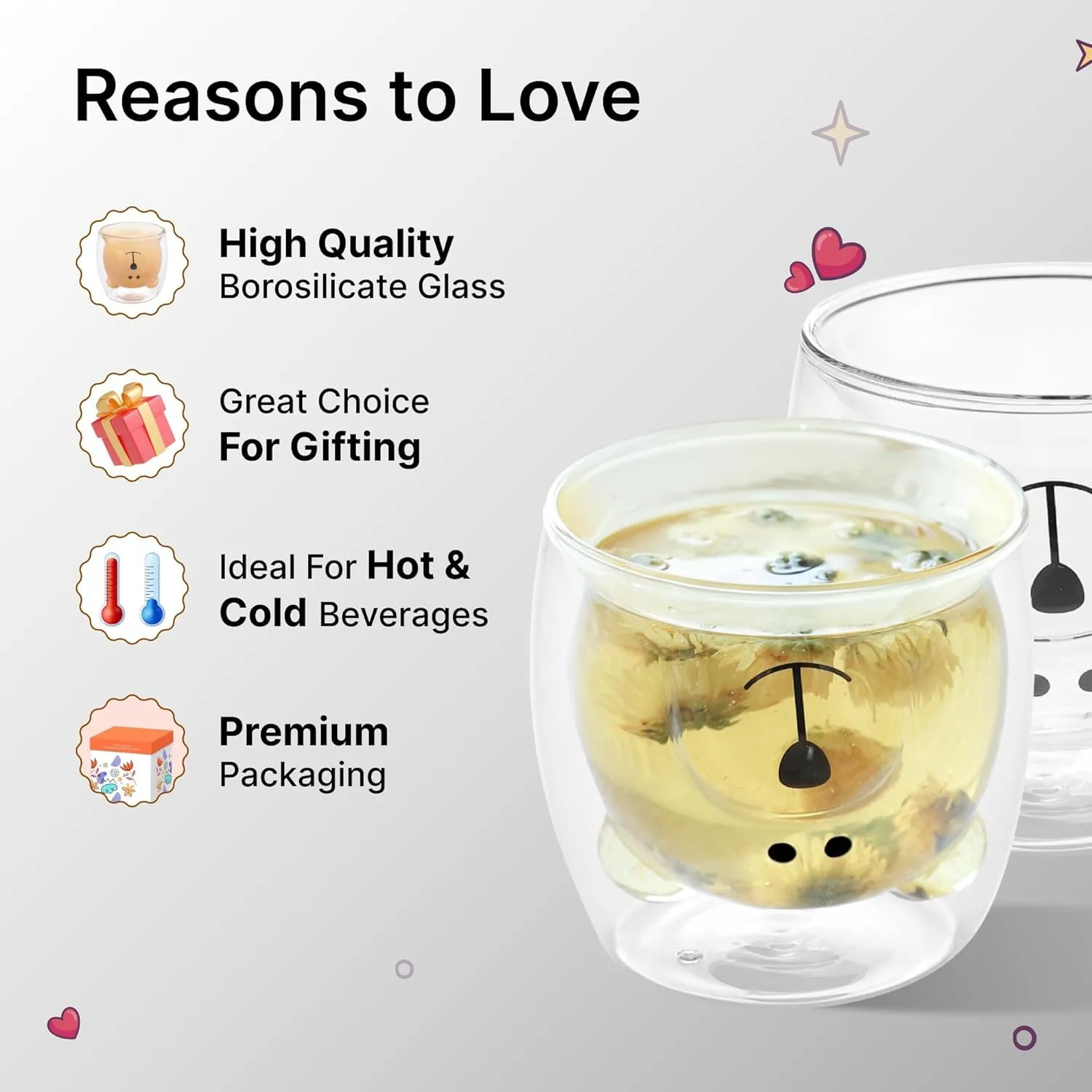 Heart Home 2 Pcs Cute Teddy Bear Cups | Borosilicate Double Wall Glass Cups | Microwave Safe | Heat Resistant | Scratch Proof | 250 ML | Pack of 1 | Transparent