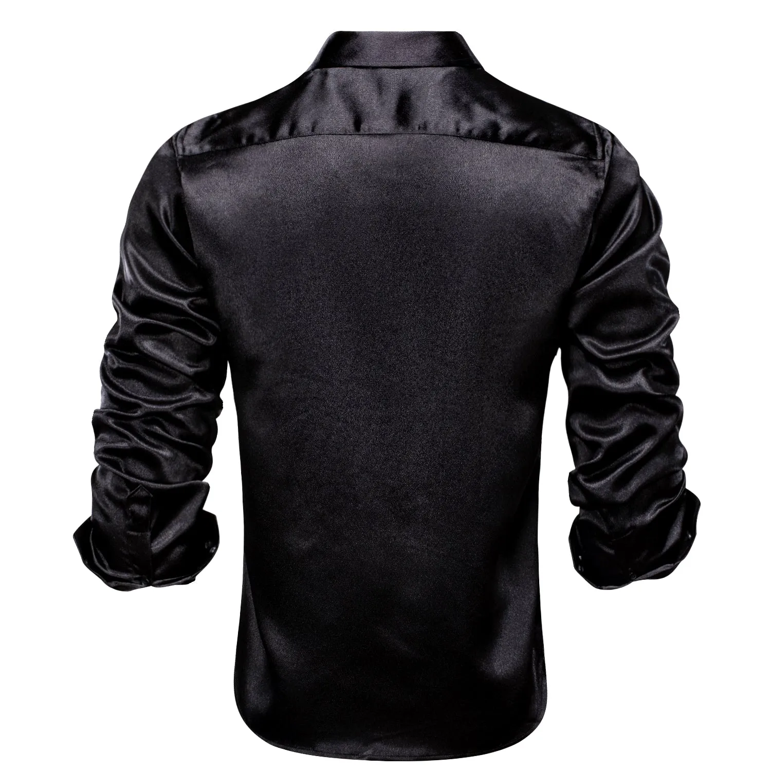 Hi-Tie Black Silk Button Up shirt Black Satin Men's Long Sleeve Shirt