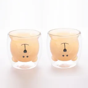 Homestic 2 Pcs Cute Teddy Bear Cups | Borosilicate Double Wall Glass Cups | Microwave Safe | Heat Resistant | Scratch Proof | 250 ML | Pack of 1 | Amber