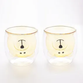 Homestic 2 Pcs Cute Teddy Bear Cups | Borosilicate Double Wall Glass Cups | Microwave Safe | Heat Resistant | Scratch Proof | 250 ML | Pack of 1 | Yellow