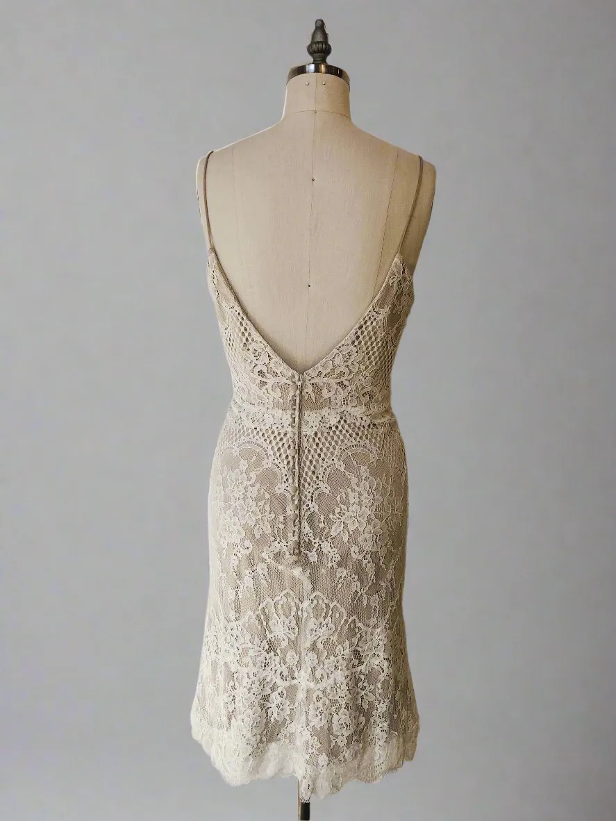 Ivory lace over nude fitted midi dress