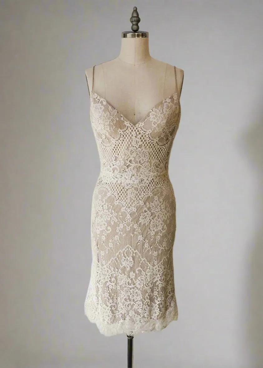 Ivory lace over nude fitted midi dress