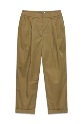 Khaki Cotton Tapered Pleated Trousers