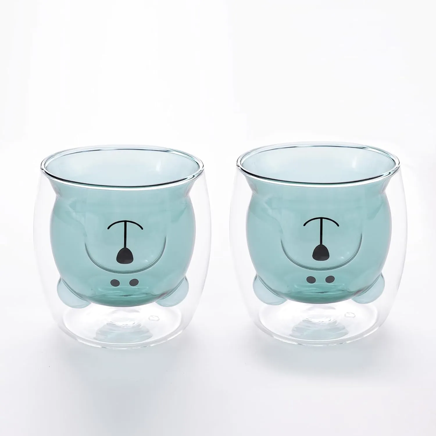 Kuber Industries 2 Pcs Cute Teddy Bear Cups | Borosilicate Double Wall Glass Cups | Microwave Safe | Heat Resistant | Scratch Proof | 250 ML | Pack of 1 | Blue