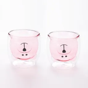 Kuber Industries 4 Pcs Cute Teddy Bear Cups | Borosilicate Double Wall Glass Cups | Microwave Safe | Heat Resistant | Scratch Proof | 250 ML | Pack of 2 | Pink