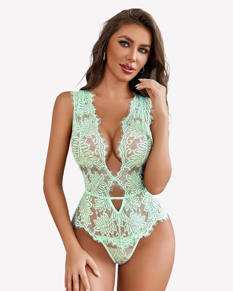 Lace Print Bodysuit Deep V Teddy