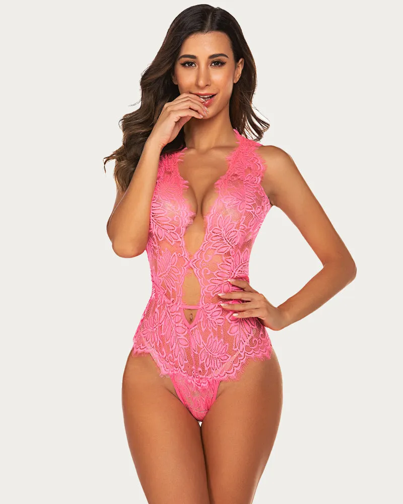 Lace Print Bodysuit Deep V Teddy