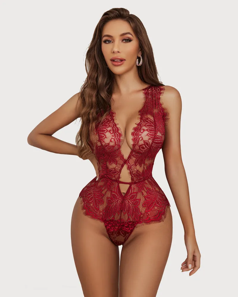 Lace Print Bodysuit Deep V Teddy