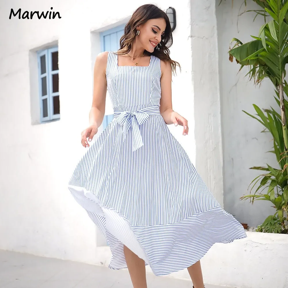 MARWIN Striped Belted High-Waist Midi Dress