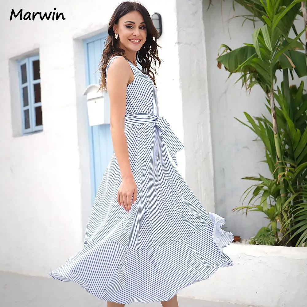 MARWIN Striped Belted High-Waist Midi Dress