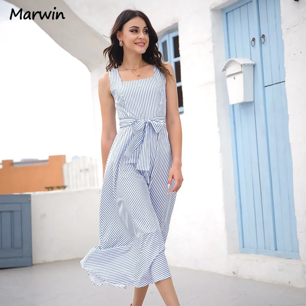 MARWIN Striped Belted High-Waist Midi Dress