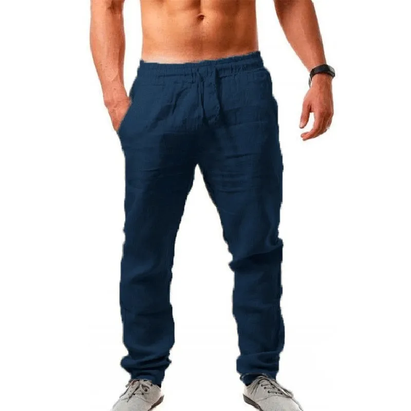 Men Cotton Linen Trousers Joggers Casual Solid Elastic Waist Straight Loose Sports Running Pants