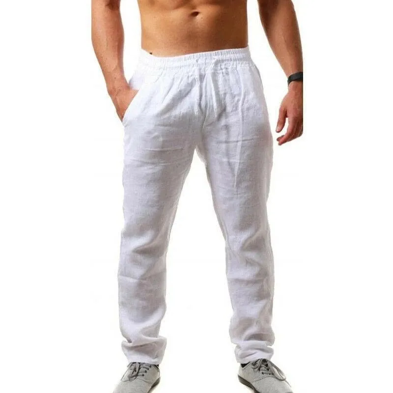 Men Cotton Linen Trousers Joggers Casual Solid Elastic Waist Straight Loose Sports Running Pants