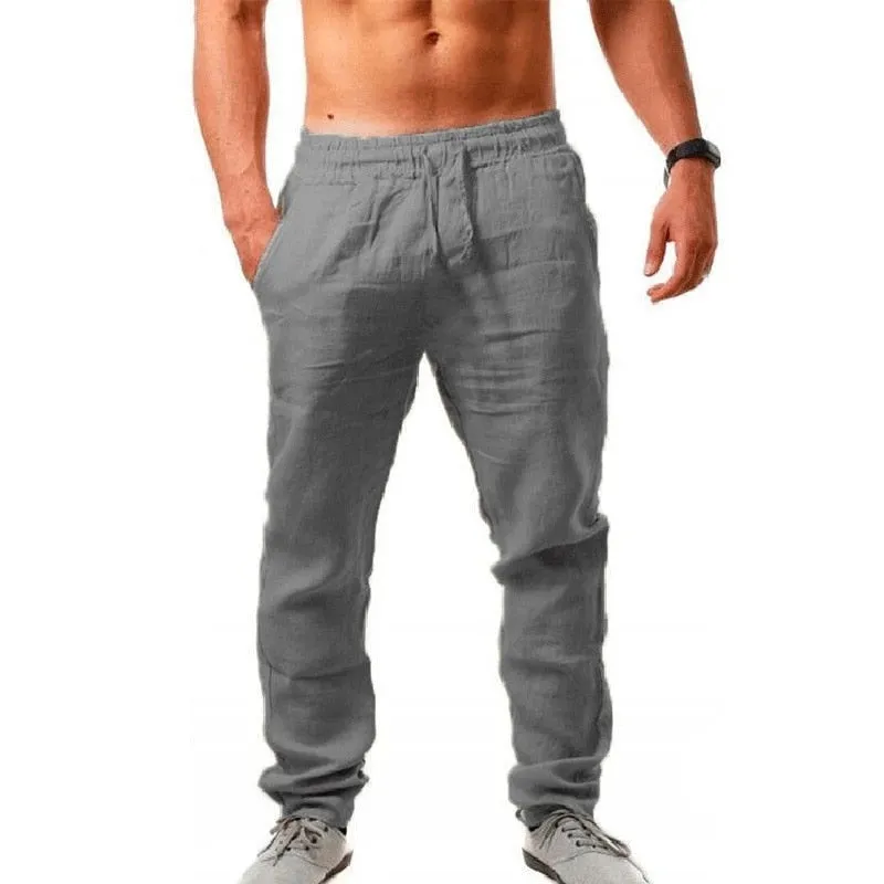 Men Cotton Linen Trousers Joggers Casual Solid Elastic Waist Straight Loose Sports Running Pants