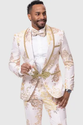 Mens Blazer - Cheap Priced Mens Sport Coat - Mens White & Gold Paisley Prom & Wedding Tuxedo