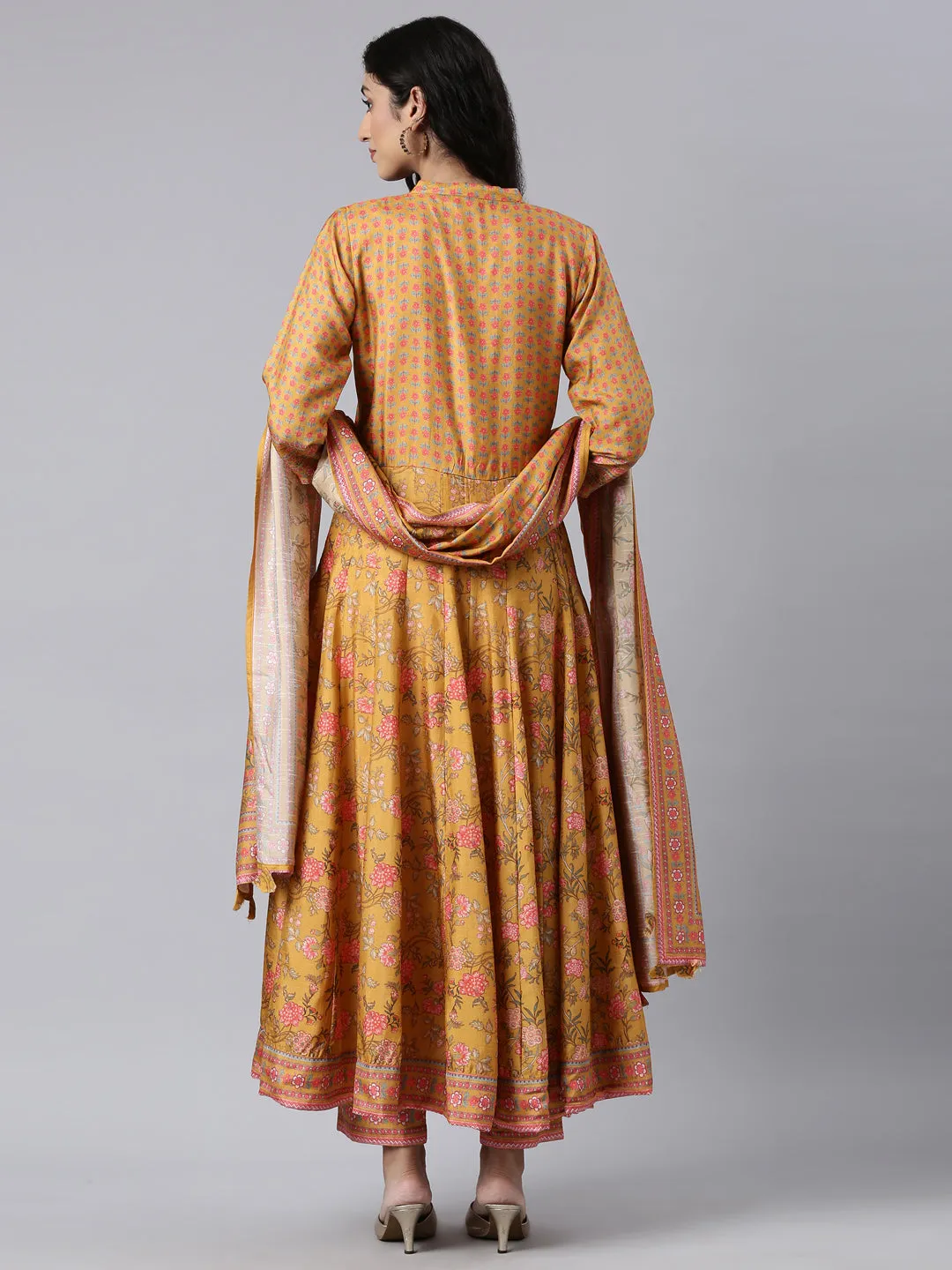 Neerus Mustard Regular Anarkali Kurta and Trousers With Dupatta