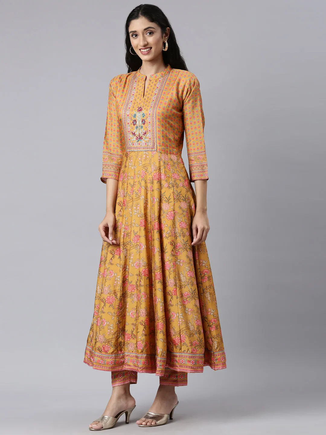 Neerus Mustard Regular Anarkali Kurta and Trousers With Dupatta