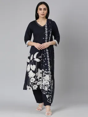 Neerus Navy Blue Regular Straight Solid Kurta and Trousers With Dupatta