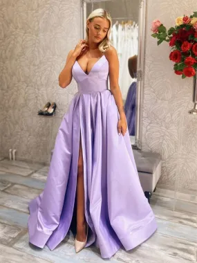 Newest V Neck Purple Satin Long Prom with Slit, V Neck Purple Formal, Purple Evening