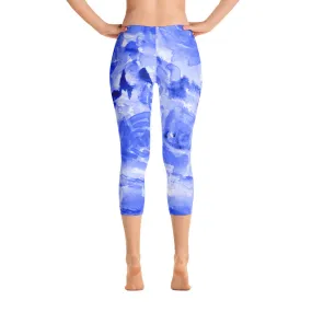 Ocean Blue Rose Capris Tights, Floral Print Capri Leggings Activewear - Made in USA (US Size: XS-XL)