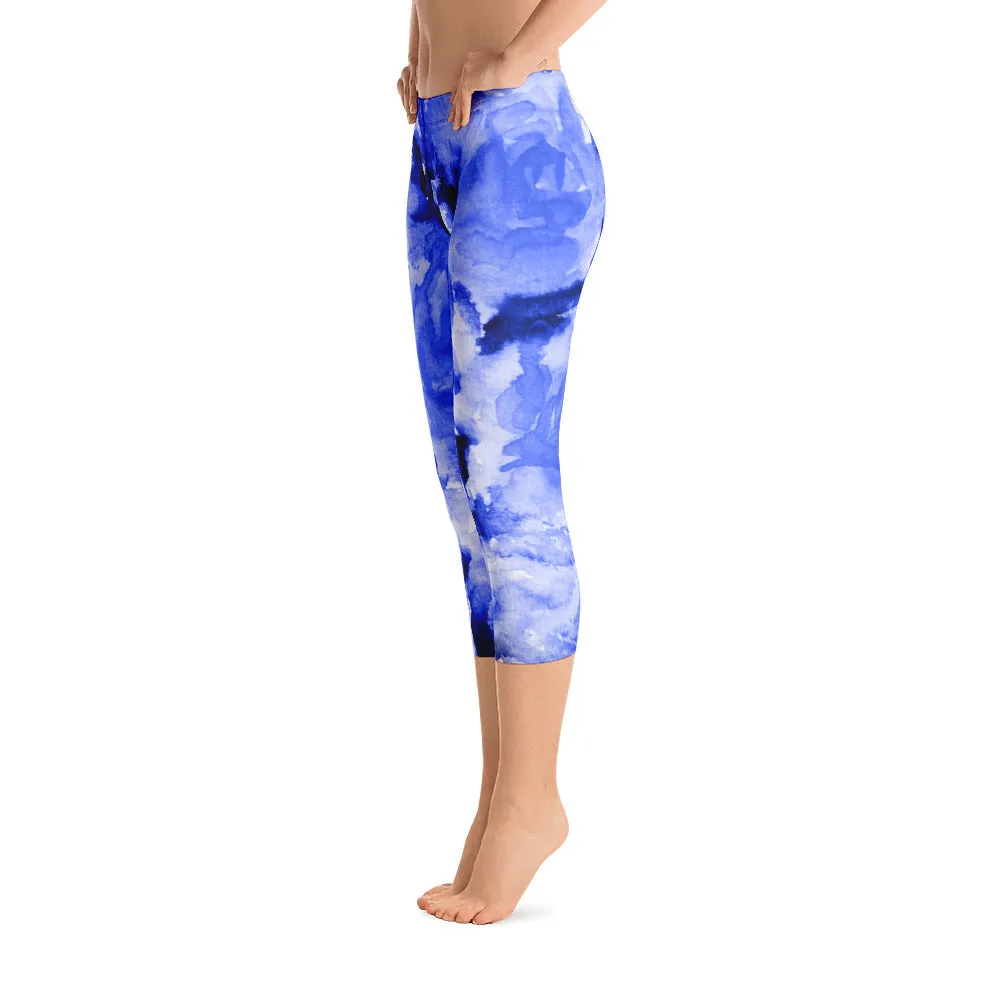 Ocean Blue Rose Capris Tights, Floral Print Capri Leggings Activewear - Made in USA (US Size: XS-XL)