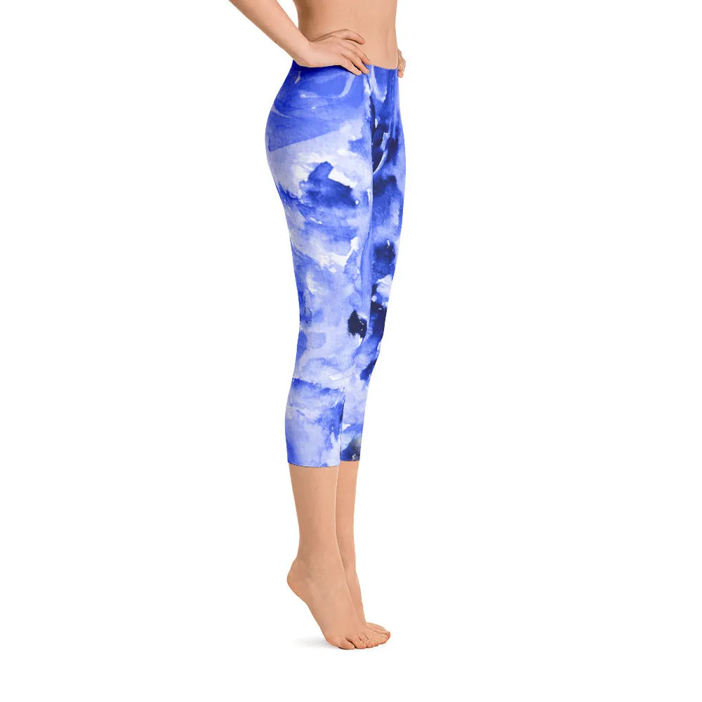 Ocean Blue Rose Capris Tights, Floral Print Capri Leggings Activewear - Made in USA (US Size: XS-XL)