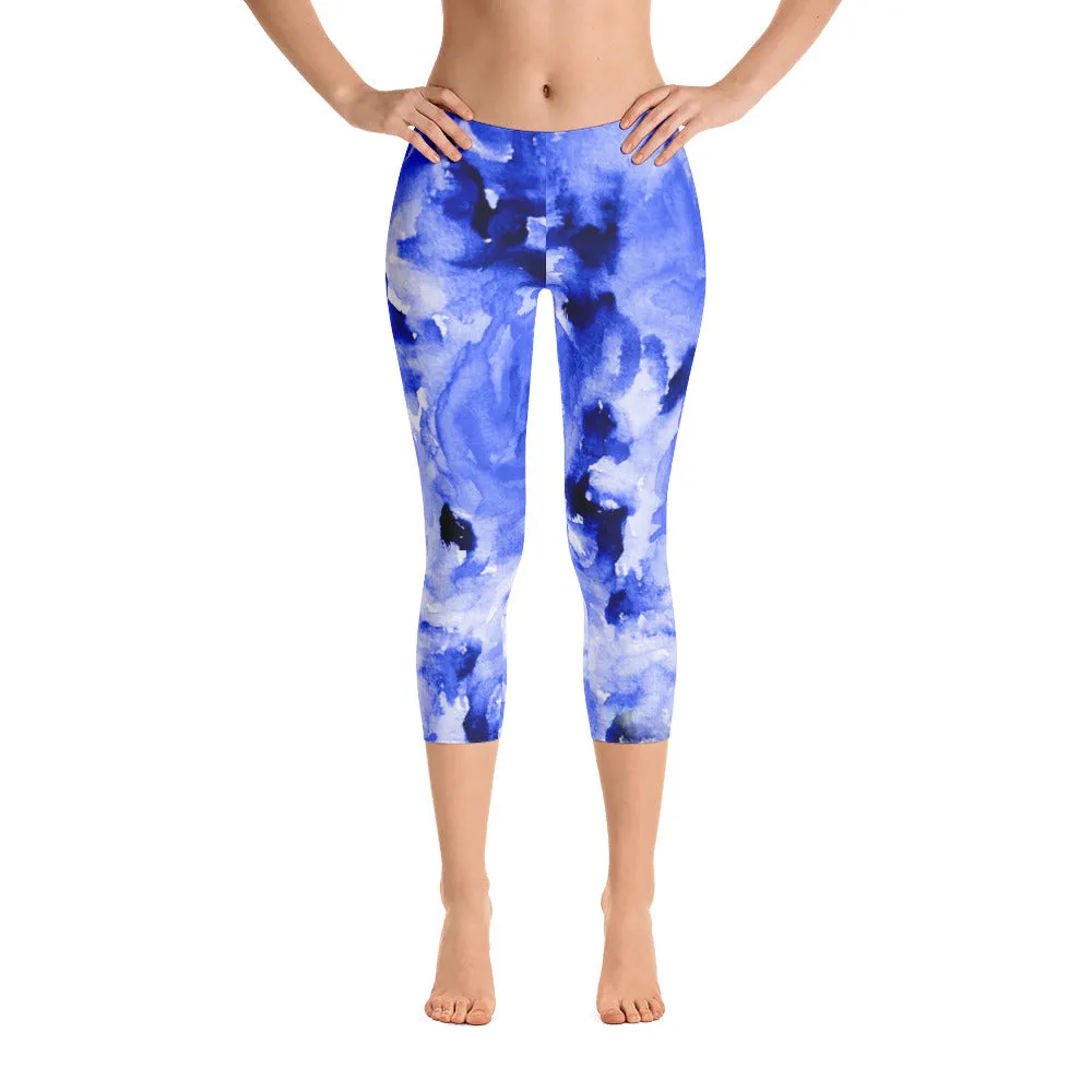 Ocean Blue Rose Capris Tights, Floral Print Capri Leggings Activewear - Made in USA (US Size: XS-XL)