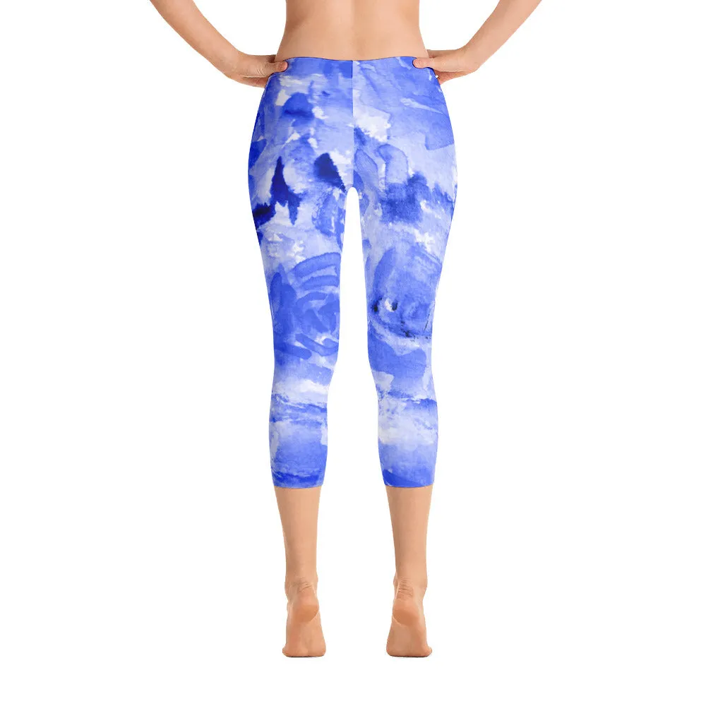 Ocean Blue Rose Capris Tights, Floral Print Capri Leggings Activewear - Made in USA (US Size: XS-XL)