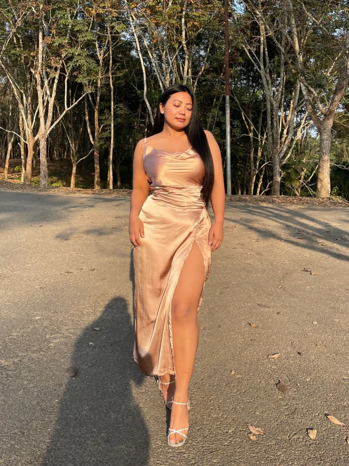 Peach gold satin maxi dress